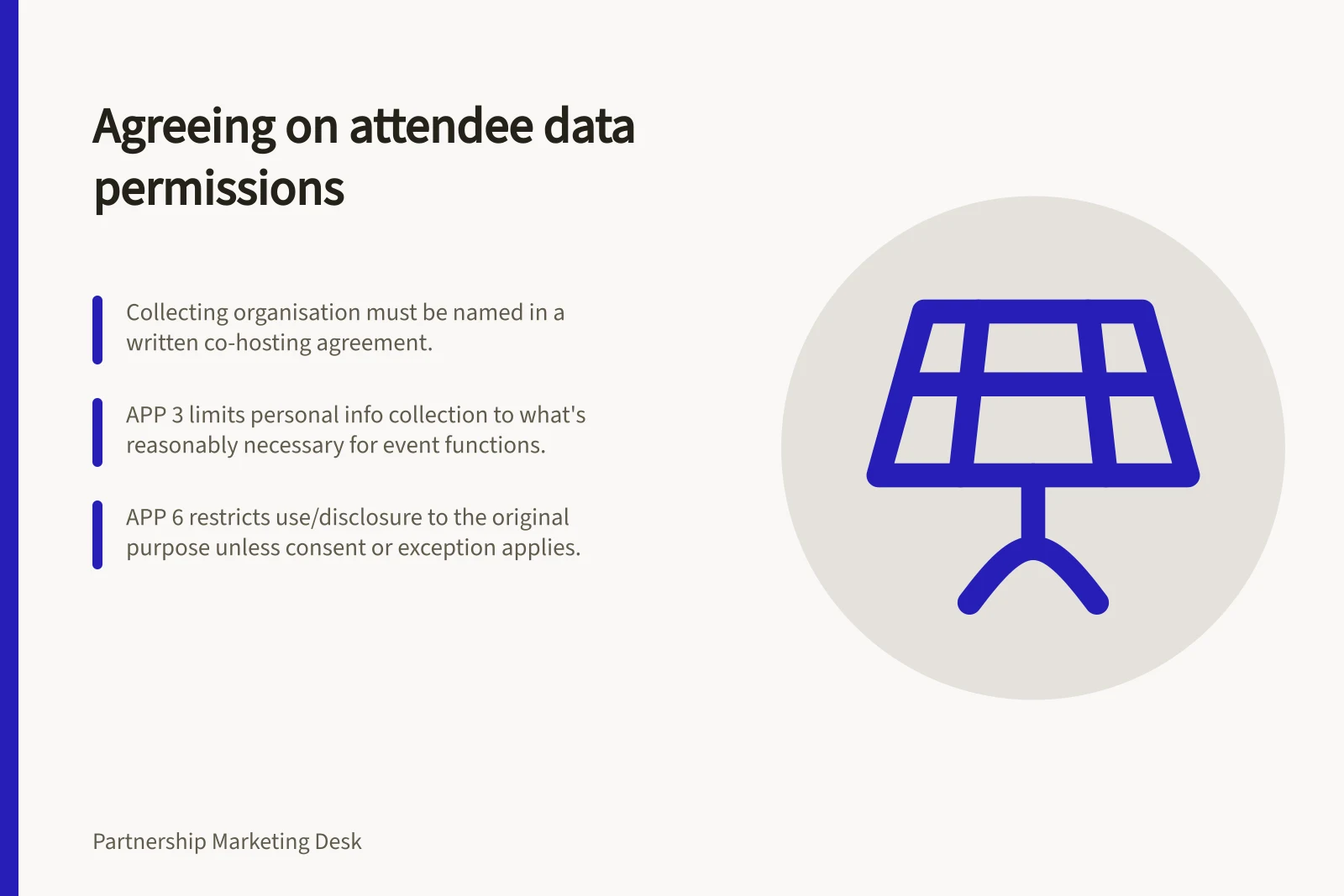 Agreeing on attendee data permissions: Collecting organisation must be named in a written co-hosting agreement.; APP 3 limits personal info collection to what's reasonably necessary for event functions.; APP 6 restricts use/disclosure to the original purpose unless consent or exception applies.