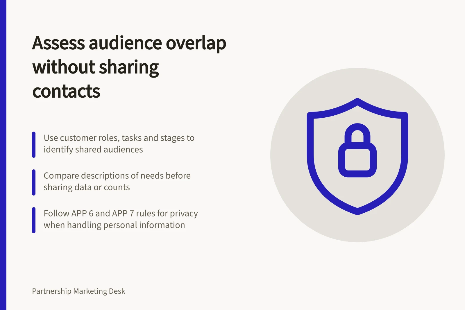 Assess audience overlap without sharing contacts: Use customer roles, tasks and stages to identify shared audiences; Compare descriptions of needs before sharing data or counts; Follow APP 6 and APP 7 rules for privacy when handling personal information