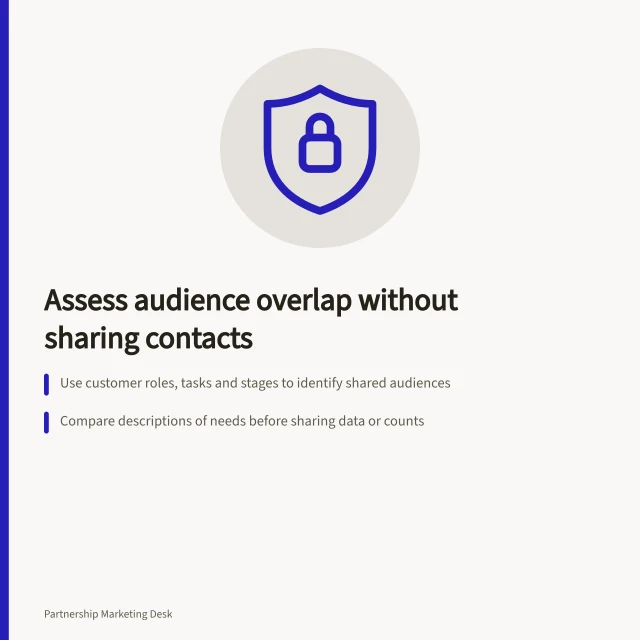 Assess audience overlap without sharing contacts: Use customer roles, tasks and stages to identify shared audiences; Compare descriptions of needs before sharing data or counts; Follow APP 6 and APP 7 rules for privacy when handling personal information. Assessing audience overlap without sharing private contact lists