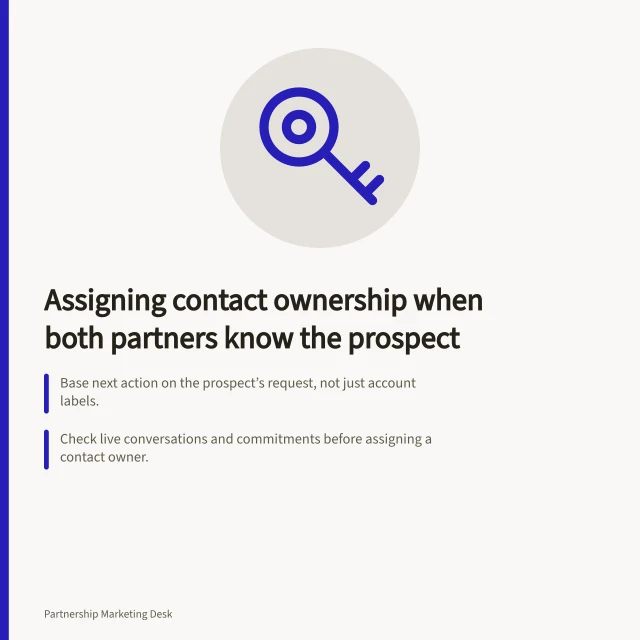 Assigning contact ownership when both partners know the prospect: Base next action on the prospect’s request, not just account labels.; Check live conversations and commitments before assigning a contact owner.; Verify APP 6 compliance before sharing personal information. Assigning ownership when both partners know the prospect