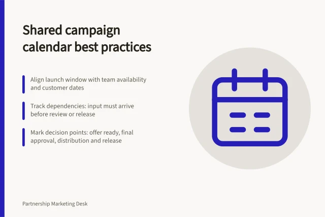 Shared campaign calendar best practices: Align launch window with team availability and customer dates; Track dependencies: input must arrive before review or release; Mark decision points: offer ready, final approval, distribution and release. Building a shared campaign calendar