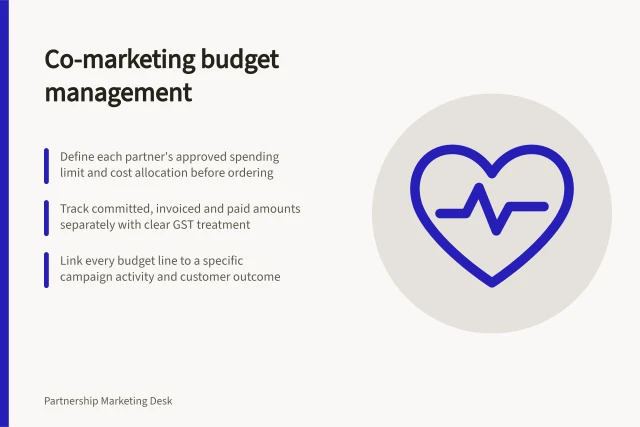 Co-marketing budget management: Define each partner's approved spending limit and cost allocation before ordering; Track committed, invoiced and paid amounts separately with clear GST treatment; Link every budget line to a specific campaign activity and customer outcome. Co-marketing budget management