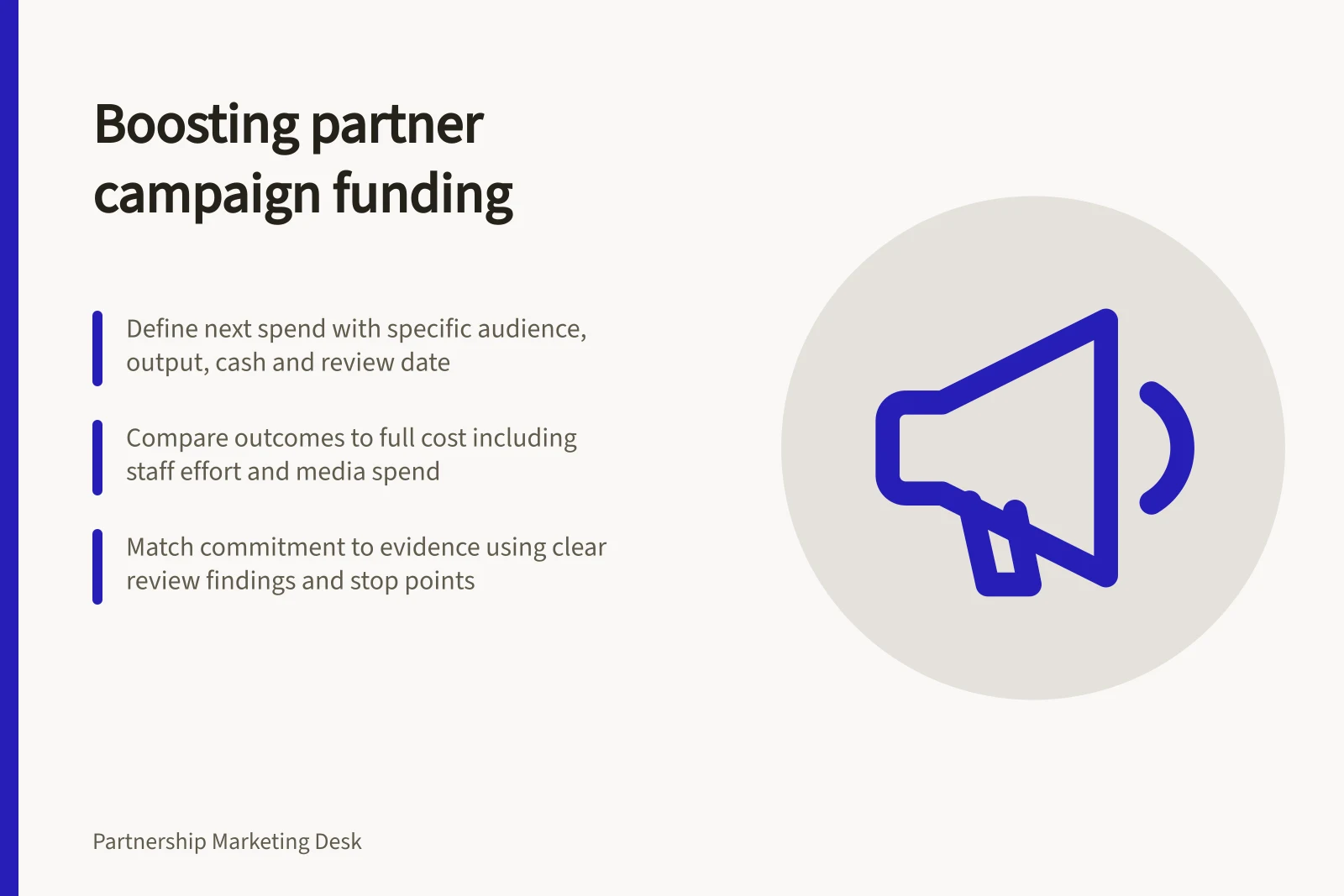 Boosting partner campaign funding: Define next spend with specific audience, output, cash and review date; Compare outcomes to full cost including staff effort and media spend; Match commitment to evidence using clear review findings and stop points