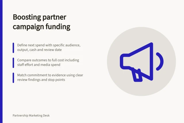 Boosting partner campaign funding: Define next spend with specific audience, output, cash and review date; Compare outcomes to full cost including staff effort and media spend; Match commitment to evidence using clear review findings and stop points. Deciding whether a partner campaign deserves more funding