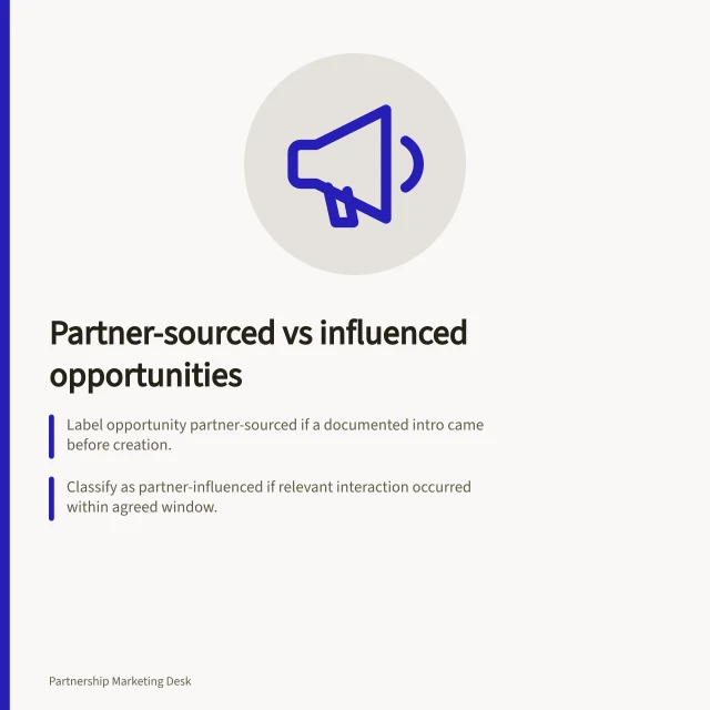 Partner-sourced vs influenced opportunities: Label opportunity partner-sourced if a documented intro came before creation.; Classify as partner-influenced if relevant interaction occurred within agreed window.; Retain evidence: partner, date, type, and decision record for each label. Defining partner-sourced and partner-influenced opportunities