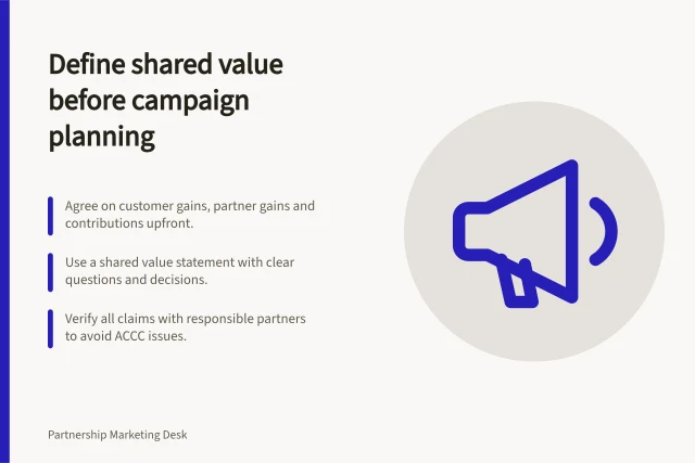 Define shared value before campaign planning: Agree on customer gains, partner gains and contributions upfront.; Use a shared value statement with clear questions and decisions.; Verify all claims with responsible partners to avoid ACCC issues. Defining shared value before planning a campaign