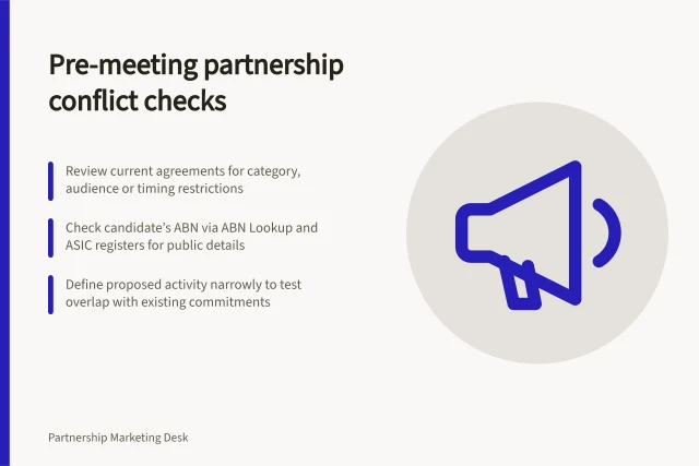 Pre-meeting partnership conflict checks: Review current agreements for category, audience or timing restrictions; Check candidate’s ABN via ABN Lookup and ASIC registers for public details; Define proposed activity narrowly to test overlap with existing commitments. Identifying partnership conflicts before a meeting