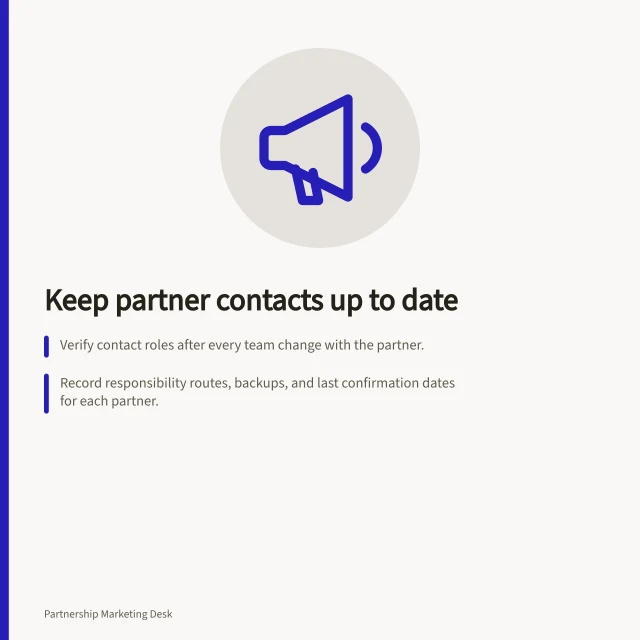 Keep partner contacts up to date: Verify contact roles after every team change with the partner.; Record responsibility routes, backups, and last confirmation dates for each partner.; Follow escalation paths if urgent updates are needed and routine contacts are unclear. Keeping partner contacts current after team changes