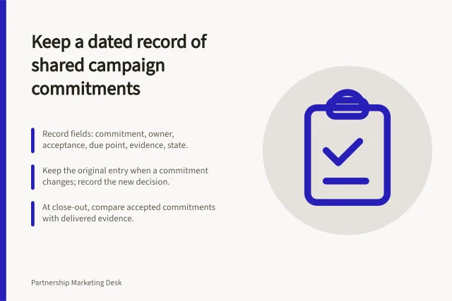 Keep a dated record of shared campaign commitments: Record fields: commitment, owner, acceptance, due point, evidence, state.; Keep the original entry when a commitment changes; record the new decision.; At close-out, compare accepted commitments with delivered evidence. Maintaining a record of shared campaign commitments