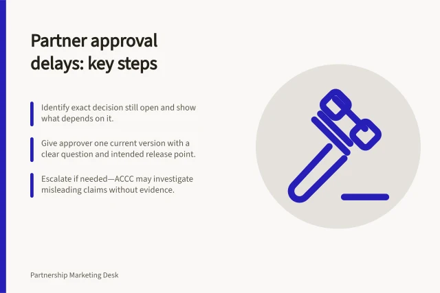 Partner approval delays: key steps: Identify exact decision still open and show what depends on it.; Give approver one current version with a clear question and intended release point.; Escalate if needed—ACCC may investigate misleading claims without evidence. Managing a partner's delayed approval