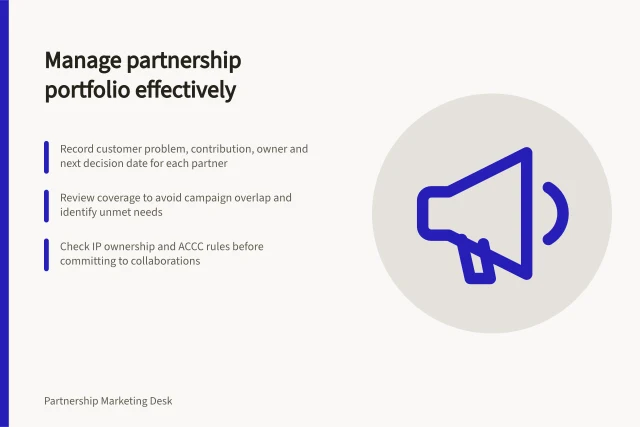 Manage partnership portfolio effectively: Record customer problem, contribution, owner and next decision date for each partner; Review coverage to avoid campaign overlap and identify unmet needs; Check IP ownership and ACCC rules before committing to collaborations. Managing a partnership portfolio