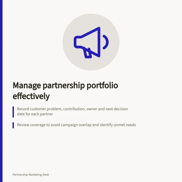 Manage partnership portfolio effectively: Record customer problem, contribution, owner and next decision date for each partner; Review coverage to avoid campaign overlap and identify unmet needs; Check IP ownership and ACCC rules before committing to collaborations. Managing a partnership portfolio