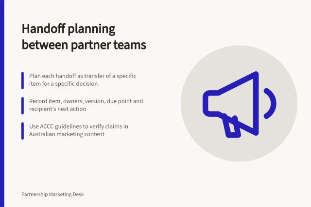 Handoff planning between partner teams: Plan each handoff as transfer of a specific item for a specific decision; Record item, owners, version, due point and recipient’s next action; Use ACCC guidelines to verify claims in Australian marketing content. Planning the handoff between partner teams