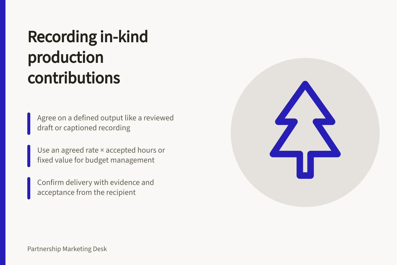 Recording in-kind production contributions: Agree on a defined output like a reviewed draft or captioned recording; Use an agreed rate × accepted hours or fixed value for budget management; Confirm delivery with evidence and acceptance from the recipient