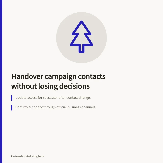 Handover campaign contacts without losing decisions: Update access for successor after contact change.; Confirm authority through official business channels.; Test one pending decision with the new contact. Replacing a campaign contact without losing decisions