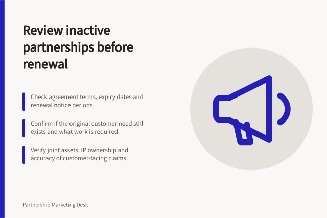 Review inactive partnerships before renewal: Check agreement terms, expiry dates and renewal notice periods; Confirm if the original customer need still exists and what work is required; Verify joint assets, IP ownership and accuracy of customer-facing claims. Reviewing inactive partnerships before renewal