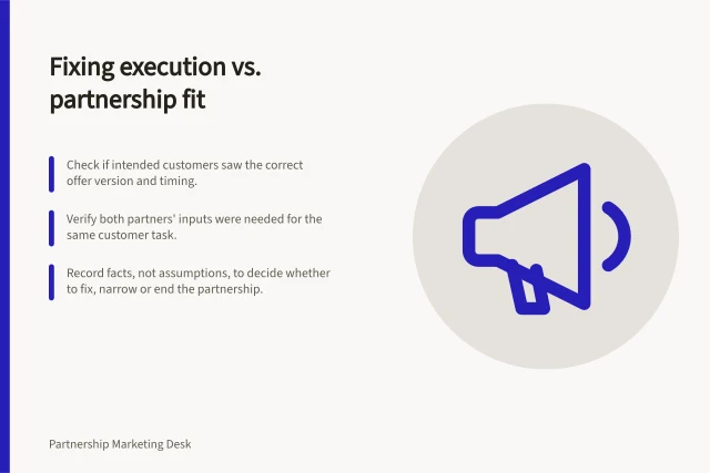Fixing execution vs. partnership fit: Check if intended customers saw the correct offer version and timing.; Verify both partners' inputs were needed for the same customer task.; Record facts, not assumptions, to decide whether to fix, narrow or end the partnership. Separating an execution failure from a weak partnership fit
