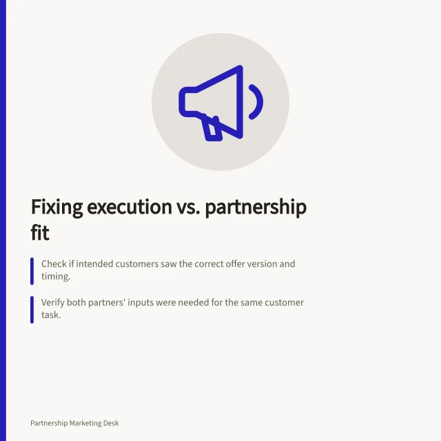 Fixing execution vs. partnership fit: Check if intended customers saw the correct offer version and timing.; Verify both partners' inputs were needed for the same customer task.; Record facts, not assumptions, to decide whether to fix, narrow or end the partnership. Separating an execution failure from a weak partnership fit